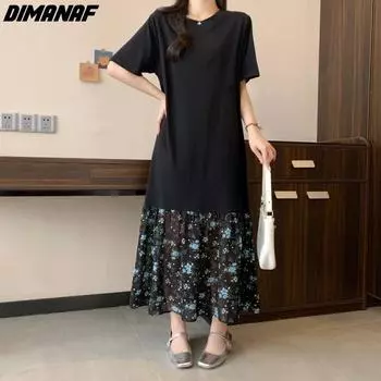 DIMANAF 2024, женское летнее базовое платье-рубашка больших размеров с высокой талией, повседневное платье, длинные хлопковые свободные платья с цветочным принтом