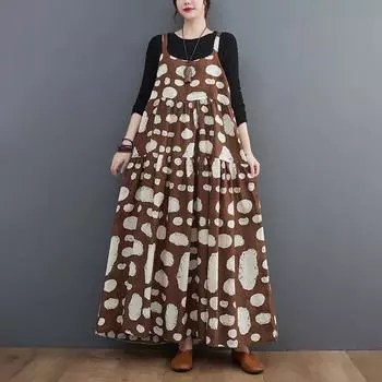 DIMANAF 2024 женское летнее платье без рукавов больших размеров женское хлопково-льняное длинное платье повседневное большое свободное базовое платье One Size коричневый