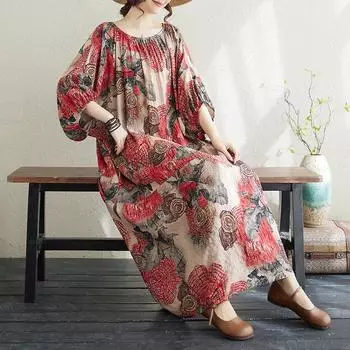 DIMANAF 2024, женское летнее платье больших размеров, элегантное мягкое женское льняное длинное платье с цветочным принтом и круглым вырезом, свободное платье 1004