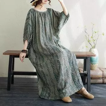 DIMANAF 2024, женское летнее платье больших размеров, элегантное мягкое женское льняное длинное платье с цветочным принтом и круглым вырезом, свободное платье 1003