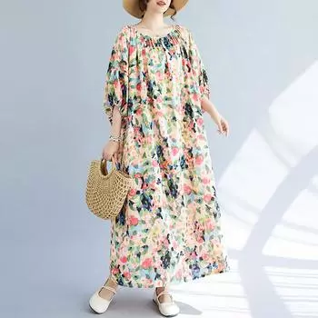 DIMANAF 2024, женское летнее платье больших размеров, элегантное мягкое женское льняное длинное платье с цветочным принтом и круглым вырезом, свободное платье 1010
