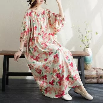 DIMANAF 2024, женское летнее платье больших размеров, элегантное мягкое женское льняное длинное платье с цветочным принтом и круглым вырезом, свободное платье 1005