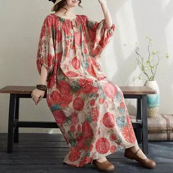 DIMANAF 2024, женское летнее платье больших размеров, элегантное мягкое женское льняное длинное платье с цветочным принтом и круглым вырезом, свободное платье 1006
