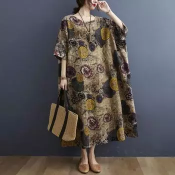 DIMANAF 2024, женское летнее платье больших размеров, элегантное мягкое женское льняное базовое длинное платье с круглым вырезом, свободное большое стильное платье