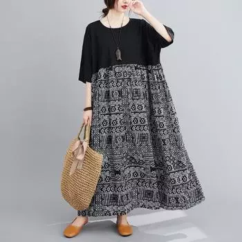 DIMANAF 2024 женское летнее платье больших размеров элегантный стиль базовое винтажное длинное платье льняное свободное большое мягкое платье One Size чёрный