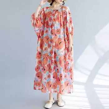 DIMANAF 2024, женское летнее платье больших размеров, элегантное мягкое женское льняное длинное платье с цветочным принтом и круглым вырезом, свободное платье 1009