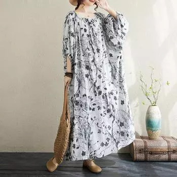 DIMANAF 2024 женское летнее платье больших размеров элегантное мягкое женское льняное длинное платье с цветочным принтом и круглым вырезом свободное платье 1002