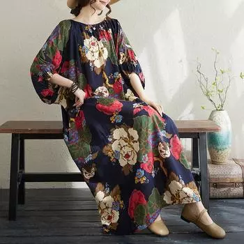 DIMANAF 2024 женское летнее платье больших размеров элегантное мягкое женское льняное длинное платье с цветочным принтом и круглым вырезом свободное платье 1001