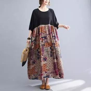 DIMANAF 2024 женское летнее платье больших размеров элегантное мягкое женское льняное длинное платье с круглым вырезом модное свободное платье One Size чёрный