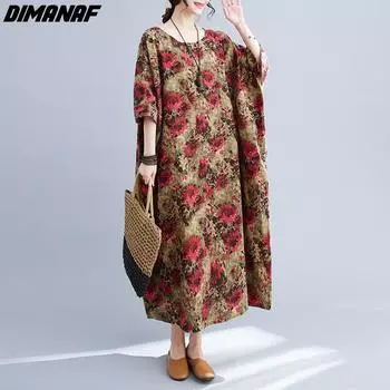 DIMANAF 2024, женское летнее платье больших размеров, винтажное женское длинное платье с круглым вырезом, свободное хлопково-льняное платье с цветочным принтом