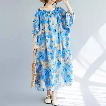 DIMANAF 2024, женское летнее платье больших размеров, элегантное мягкое женское льняное длинное платье с цветочным принтом и круглым вырезом, свободное платье 1011