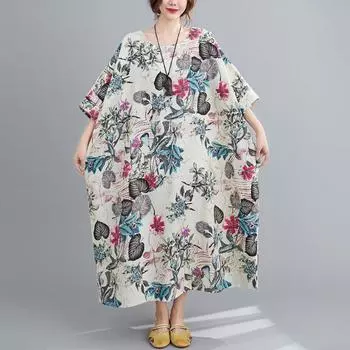DIMANAF 2024, женское летнее платье больших размеров, элегантное стильное базовое винтажное длинное платье, льняное свободное большое платье с цветочным принтом One Size бежевый