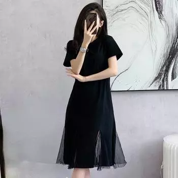 DIMANAF 2024 женское летнее платье-футболка больших размеров, хлопковое платье с короткими рукавами, кружевное однотонное повседневное платье, свободное платье миди