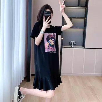 DIMANAF 2024 женское летнее платье-футболка больших размеров с хлопковым принтом и короткими рукавами, повседневное платье, свободное платье миди