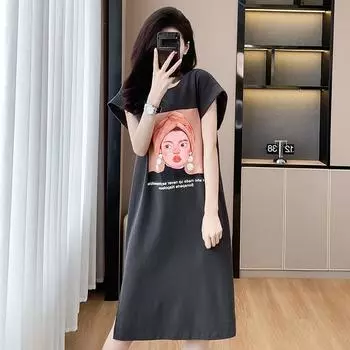 DIMANAF 2024 женское летнее платье-футболка больших размеров с коротким рукавом повседневное платье свободное длинное платье с узором и принтом