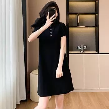 DIMANAF 2024 женское летнее платье-футболка больших размеров, хлопковое платье-поло с короткими рукавами, однотонное повседневное платье, свободное длинное платье