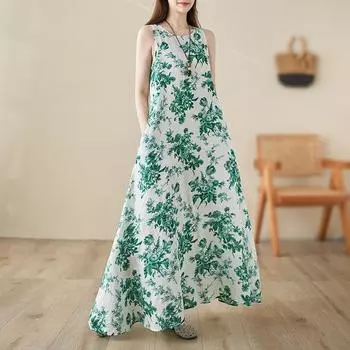 DIMANAF 2024, женское летнее платье, женское длинное платье с цветочным принтом, льняное платье без рукавов, зеленая одежда с цветочным принтом M розовый