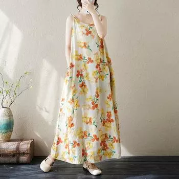 DIMANAF 2024, женское летнее платье, женское длинное платье с цветочным принтом, льняное платье без рукавов, зеленая одежда с цветочным принтом, 2008 г.