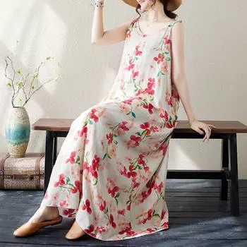 DIMANAF 2024 женское летнее платье женское длинное платье с цветочным принтом без рукавов льняная одежда с цветочным принтом 2010 L