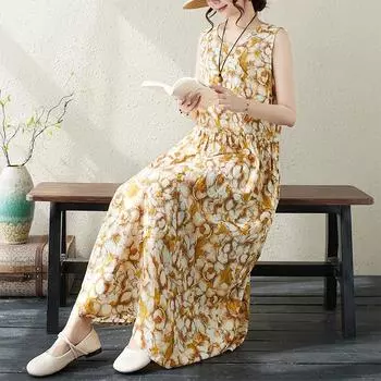 DIMANAF 2024, женское летнее платье, женское длинное платье с цветочным принтом, льняное платье без рукавов, зеленая одежда с цветочным принтом, 2012 г.