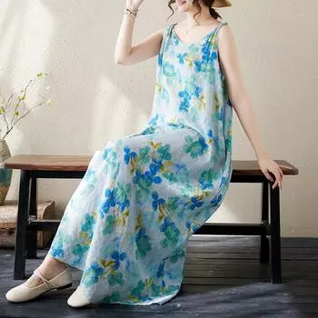 DIMANAF 2024, женское летнее платье, женское длинное платье с цветочным принтом, льняное платье без рукавов, зеленая одежда с цветочным принтом, 2009 г.