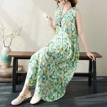 DIMANAF 2024 женское летнее платье женское длинное платье с цветочным принтом без рукавов льняная одежда с цветочным принтом 2013 L