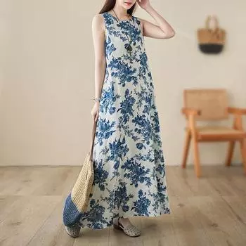 DIMANAF 2024 женское летнее платье женское длинное платье с цветочным принтом без рукавов льняная одежда с цветочным принтом синего цвета M розовый
