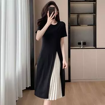 DIMANAF 2024 женское летнее плиссированное платье больших размеров, футболка с короткими рукавами, повседневное платье, свободное длинное платье миди