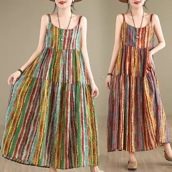 DIMANAF 2024 женское летнее пляжное платье больших размеров женское хлопково-льняное длинное платье без рукавов повседневный большой свободный сарафан 91665