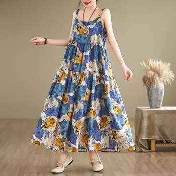 DIMANAF 2024 женское летнее пляжное платье больших размеров женское хлопково-льняное длинное платье без рукавов повседневный большой свободный сарафан 91673