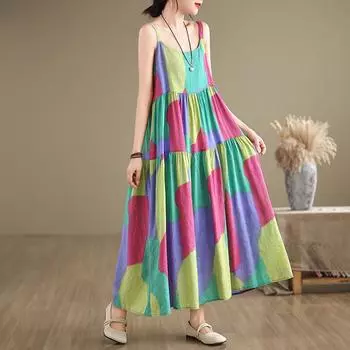 DIMANAF 2024 женское летнее пляжное платье больших размеров женское хлопково-льняное длинное платье без рукавов повседневный большой свободный сарафан 91667