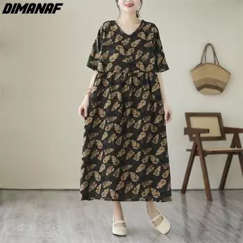 DIMANAF 2024, женское летнее пляжное платье больших размеров, винтажное женское длинное платье, свободное платье макси, хлопковое черное платье с принтом One Size чёрный