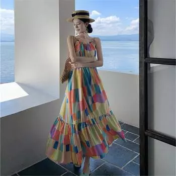 DIMANAF 2024 женское летнее пляжное платье больших размеров женское длинное платье в клетку с принтом без рукавов повседневный свободный сарафан