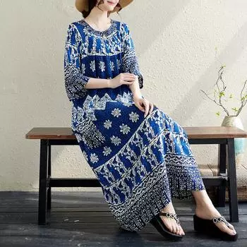 DIMANAF 2024, женское летнее пляжное платье больших размеров, элегантное свободное женское длинное платье с винтажным принтом, базовое платье в богемном стиле 5504 One Size