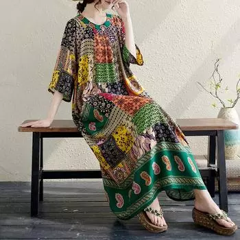DIMANAF 2024, женское летнее пляжное платье больших размеров, элегантное свободное женское длинное платье с винтажным принтом, базовое платье в богемном стиле 5505