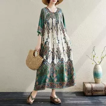 DIMANAF 2024, женское летнее пляжное платье больших размеров, элегантное свободное женское длинное платье с винтажным принтом, базовое платье в богемном стиле 5503 One Size зелёный