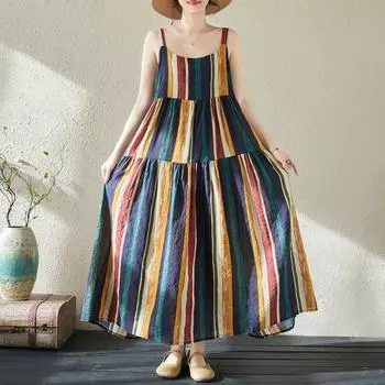 DIMANAF 2024 женское летнее пляжное платье больших размеров женское хлопково-льняное длинное платье без рукавов повседневный большой свободный сарафан 91674