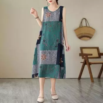 DIMANAF 2024 женское летнее пляжное платье больших размеров женское хлопково-льняное длинное платье без рукавов повседневное свободный сарафан с цветочным принтом