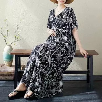 DIMANAF 2024, женское летнее пляжное платье больших размеров, элегантное свободное женское длинное платье с винтажным принтом, базовое платье в богемном стиле 5502 One Size белый