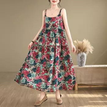 DIMANAF 2024 женское летнее пляжное платье больших размеров женское хлопково-льняное длинное платье без рукавов повседневный большой свободный сарафан 91689