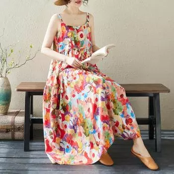 DIMANAF 2024 женское летнее пляжное платье больших размеров женское льняное длинное платье без рукавов повседневный большой свободный сарафан 91676