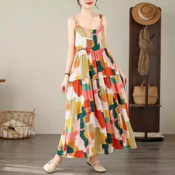 DIMANAF 2024 женское летнее пляжное платье больших размеров женское хлопково-льняное длинное платье без рукавов повседневный большой свободный сарафан 91702