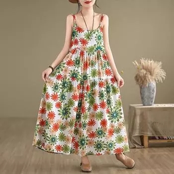 DIMANAF 2024 женское летнее пляжное платье больших размеров женское хлопково-льняное длинное платье без рукавов повседневный большой свободный сарафан 91667