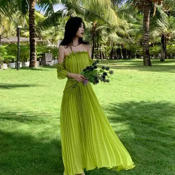 DIMANAF 2024 женское летнее пляжное платье больших размеров женское плиссированное длинное платье без рукавов повседневное однотонное свободное платье