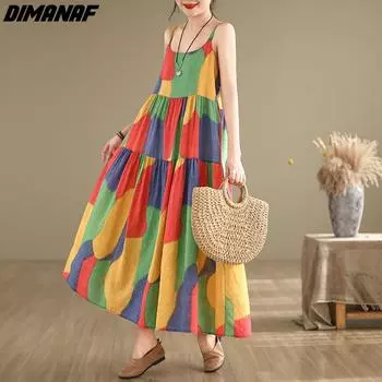 DIMANAF 2024 женское летнее пляжное платье больших размеров из хлопка и льна, длинное платье без рукавов, повседневный большой свободный сарафан