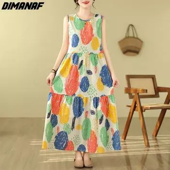 DIMANAF 2024, женское летнее пляжное платье больших размеров, женское хлопковое длинное платье без рукавов, повседневный большой свободный сарафан