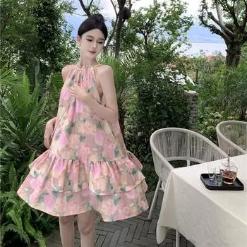 DIMANAF 2024 женское летнее пляжное платье больших размеров женское длинное платье без рукавов с бантом Повседневный свободный сарафан с цветочным принтом