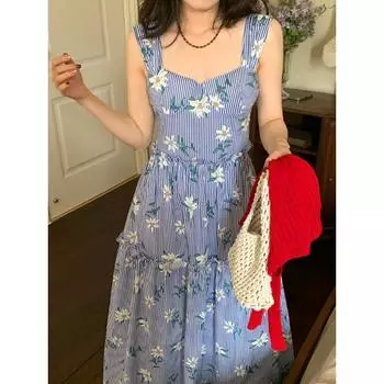 DIMANAF 2024 женское летнее пляжное платье больших размеров женское платье с цветочным принтом без рукавов повседневное свободный элегантный сарафан в полоску