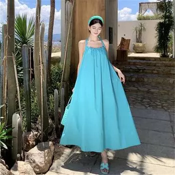 DIMANAF 2024 женское летнее пляжное платье больших размеров женское элегантное длинное платье без рукавов синее однотонное свободное платье