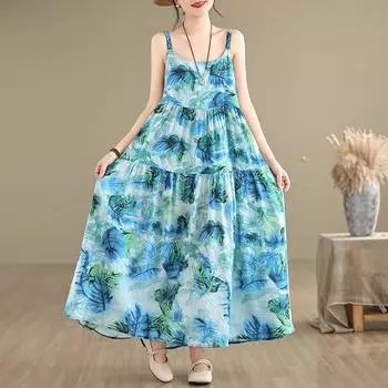 DIMANAF 2024 женское летнее пляжное платье больших размеров женское хлопково-льняное длинное платье без рукавов повседневный большой свободный сарафан 91668